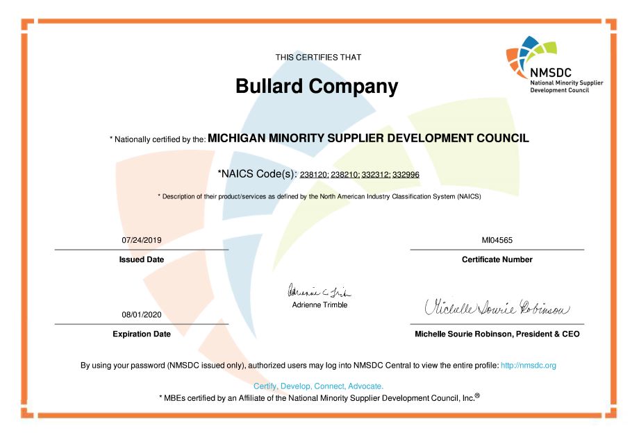 Bullard Company Certified as MBE by MNSDC