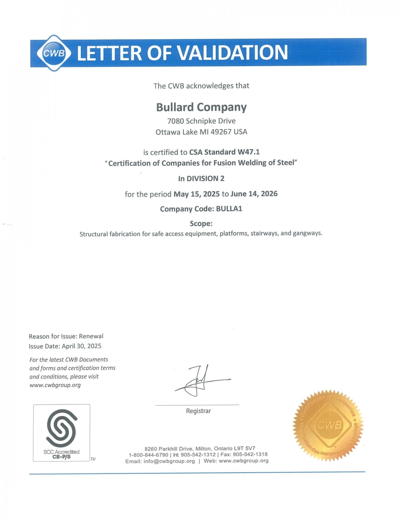 CWB Letter of Validation
